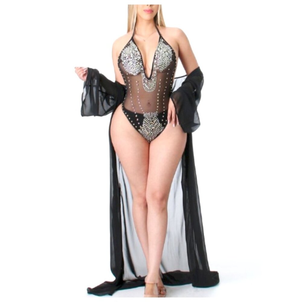 Rhinestone Embellished Swimsuit with Sheer Kimono